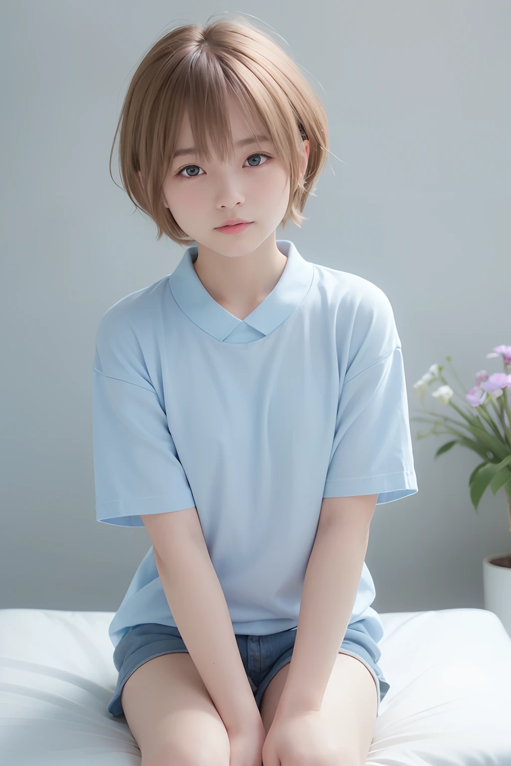 1 Very Cute Boy、12year old、short-hair、blondehair、with a blue background、The upper part of the body、facial close-up、eyes focus、Collared shirt、A smile、、(8K、Raw photography、top-quality、​masterpiece:1.2)、(realisitic、photoRealstic:1.3)、nffsw、Depth of field is deep、Wide light、highcontrast、(light glow:1.4)、chromatic abberation、foco nítido、RAW color photo、Film Still、lighting like a movie、8K resolution、