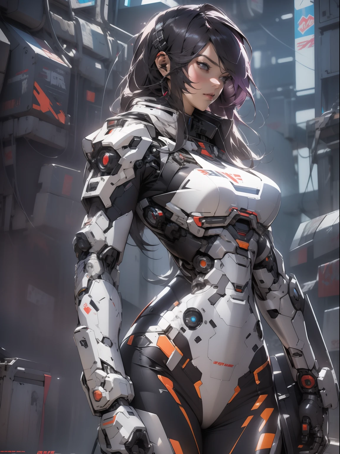 Powerful adult woman in her mega detailed mecha suit, Heavy weapons, Cyberpunk visor, High-tech graphics throughout the costume, beste-Qualit, tmasterpiece, sexypose, the perfect body