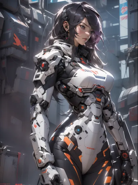 Powerful adult woman in her mega detailed mecha suit, Heavy weapons, Cyberpunk visor, High-tech graphics throughout the costume,...