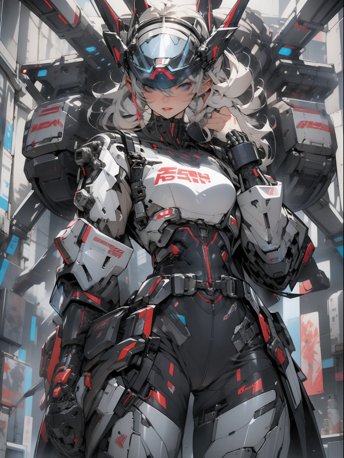 Powerful adult woman in her mega detailed mecha suit, Heavy weapons, Cyberpunk visor, High-tech graphics throughout the costume, beste-Qualit, tmasterpiece, sexypose, the perfect body