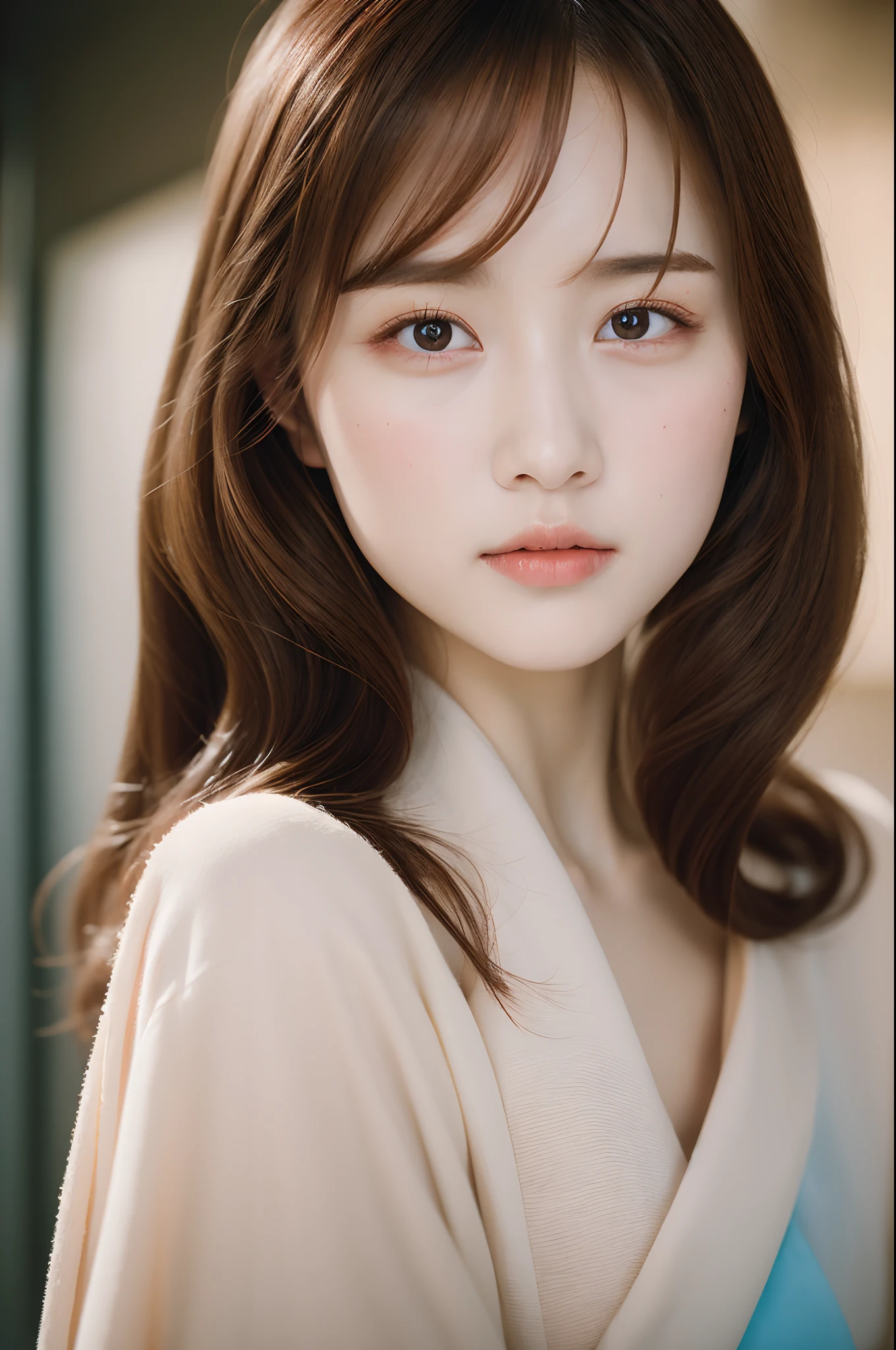 4k, photo, realistic,best quality,1girl,woman,solo,looking at viewer,Shot with Kodak Portra160NC film,long hair, lips, brown hair, brown eyes,hanfu,hanstyle,