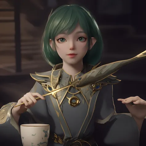 a close up of a person holding a cup and a spoon, she has elf ears and gold eyes, small character. unreal engine 5, game cg, aki...