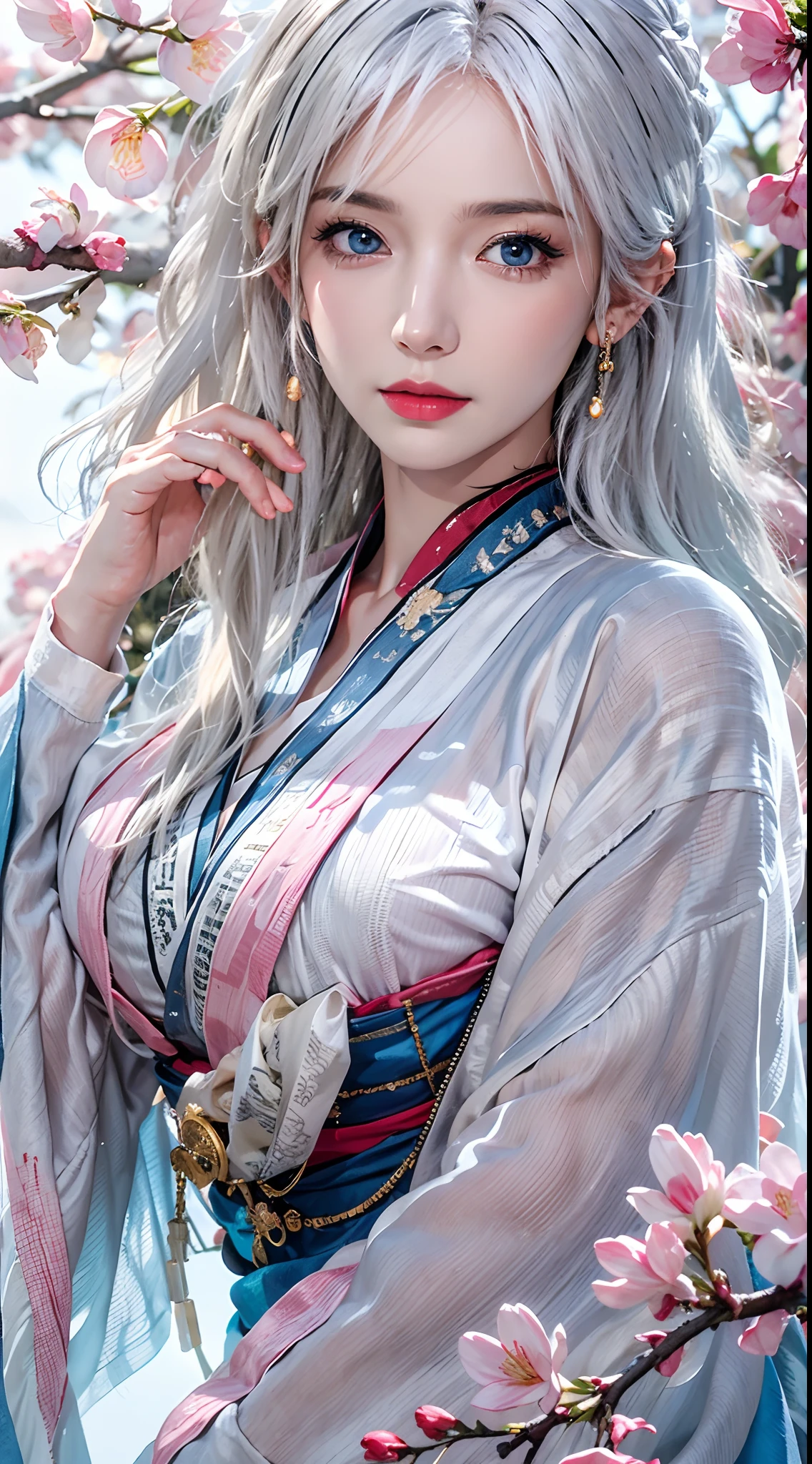 photorealistic, high resolution, soft lights, 1women, solo, hips up, blue eyes, white hair, long hair, blue eyes, red lips, jewelry, taoist robe, tattoo, cherry blossom