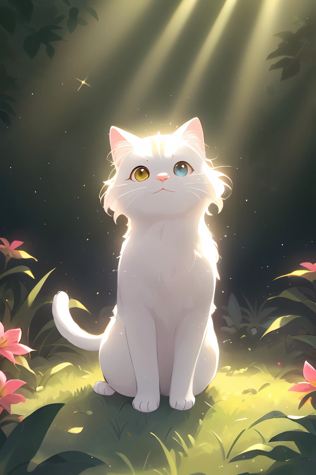 (a white cat:1.1 with a star on its head) in a (beautiful garden,peaceful garden) filled with (colorful flowers:1.2), (lush green grass), and (tall trees), under a (clear blue sky). The cat has (bright blue eyes:1.1), a (cute pink nose:1.1), and (lovely pointy ears). It is sitting on a (soft cushion:1.1) surrounded by (sparkling sunlight) that filters through the leaves. The cat's fur is (soft and fluffy), with (subtle shades of white) that give it a (glowing appearance). The star on its head shines with a (magical,glittering:1.1) light, casting tiny specks of (gold) that dance in the air. The cat looks (curious and playful), as if it's about to (pounce on a butterfly) fluttering nearby. The scene is bathed in a (warm and dreamy) color palette, with (soft pastel tones) that create a sense of (calm and tranquility). The overall lighting is (gentle and enchanting), with (golden rays of sunlight) filtering through the trees and casting beautiful (shadows) on the ground. The image quality is of the (best quality,highres:1.1), capturing (every intricate detail) of the cat's fur and the surrounding garden.