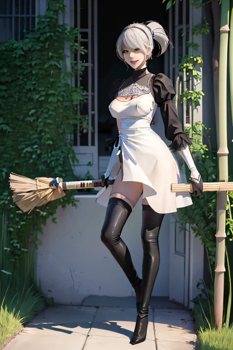 (ultra best quality、8K、masuter piece、delicate illustration、full body Esbian)、Very cute 2B（Holding a bamboo broom）、（Very sexy bod...