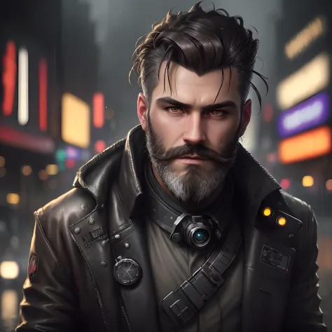 masterpiece, high detail, trend in art station, realistic, detailed face, in general, a photo of a cyberpunk private detective, beard, dark hair, dirty, drone, Blade Runner city, neo lights, dark, rain, night, CRU, canon r6, general plan, sharp, blurred ba...