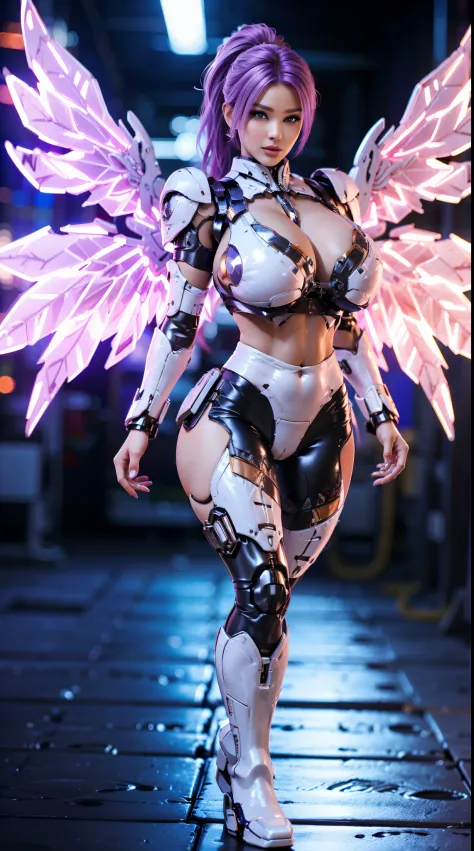HUGE FAKE BOOBS, FRONT BANGS PONYTAIL, (BEAUTY PURPLE, WHITE), SEXY MECHA ARMOR, (CROP TOP), (SKINTIGHT YOGA PANTS), FUTURISTIC MECHA SUIT, (CLEAVAGE), ((THE BIGGEST MECHANICAL WINGS)), (LATEX BOOT), (TALL LEGS), (LOOKING AT VIEWER), (STANDING), SEXY BODY,...
