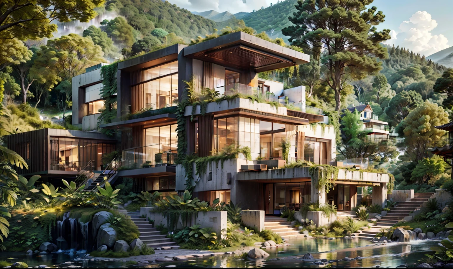 （super wide shot），（Best Masterpiece），8K，Modern rectangular glass villa in the middle of the hill，Wide windows，Densely wooded，The leaves are verdant，The stream is babbling。The visuals are beautiful and beautiful，Evening lighting effects