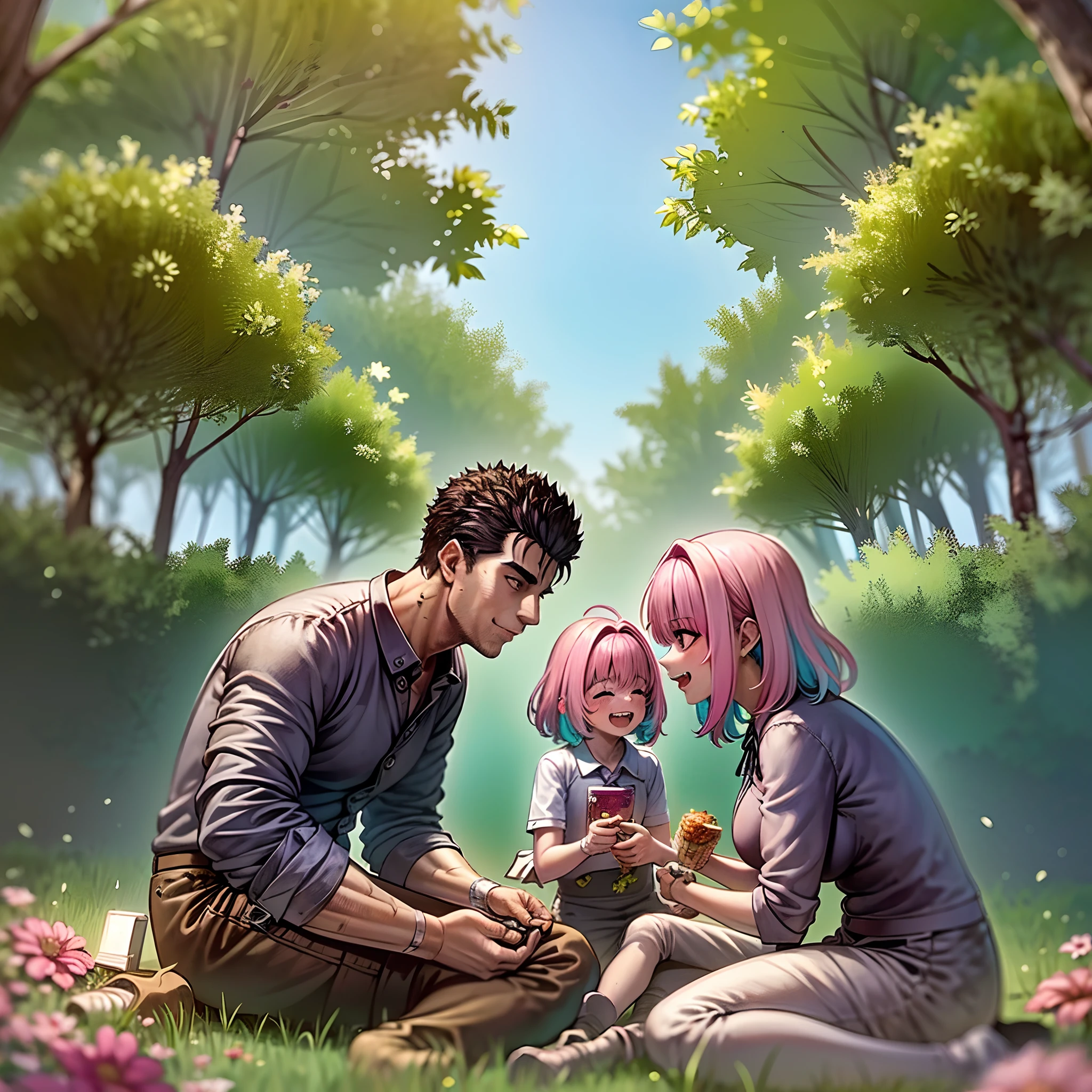 (a happy family in a picnic garden),(riamu as a motherly figure),(riamu and her husband spending quality time),(a couple enjoying the outdoors),(riamu's children playing and having fun),(guts as a loving and caring father),(a loving husband and wife),(riamu and her son sharing a joyful bond),(a happy and harmonious family),(the joyful laughter of children),(the warmth of family bonds),(a picturesque garden scene),(the vibrant colors of nature),(the soft sunlight filtering through the trees),(a peaceful and serene atmosphere),(guts and riamu surrounded by blooming flowers),(the scent of freshly cut grass),(a delicious picnic spread with a variety of food),(the sound of birds chirping),(the feeling of grass beneath their feet),(the love and happiness radiating from the family),(a moment of pure joy and togetherness),(a snapshot of a perfect family outing),(a memory to be cherished forever)