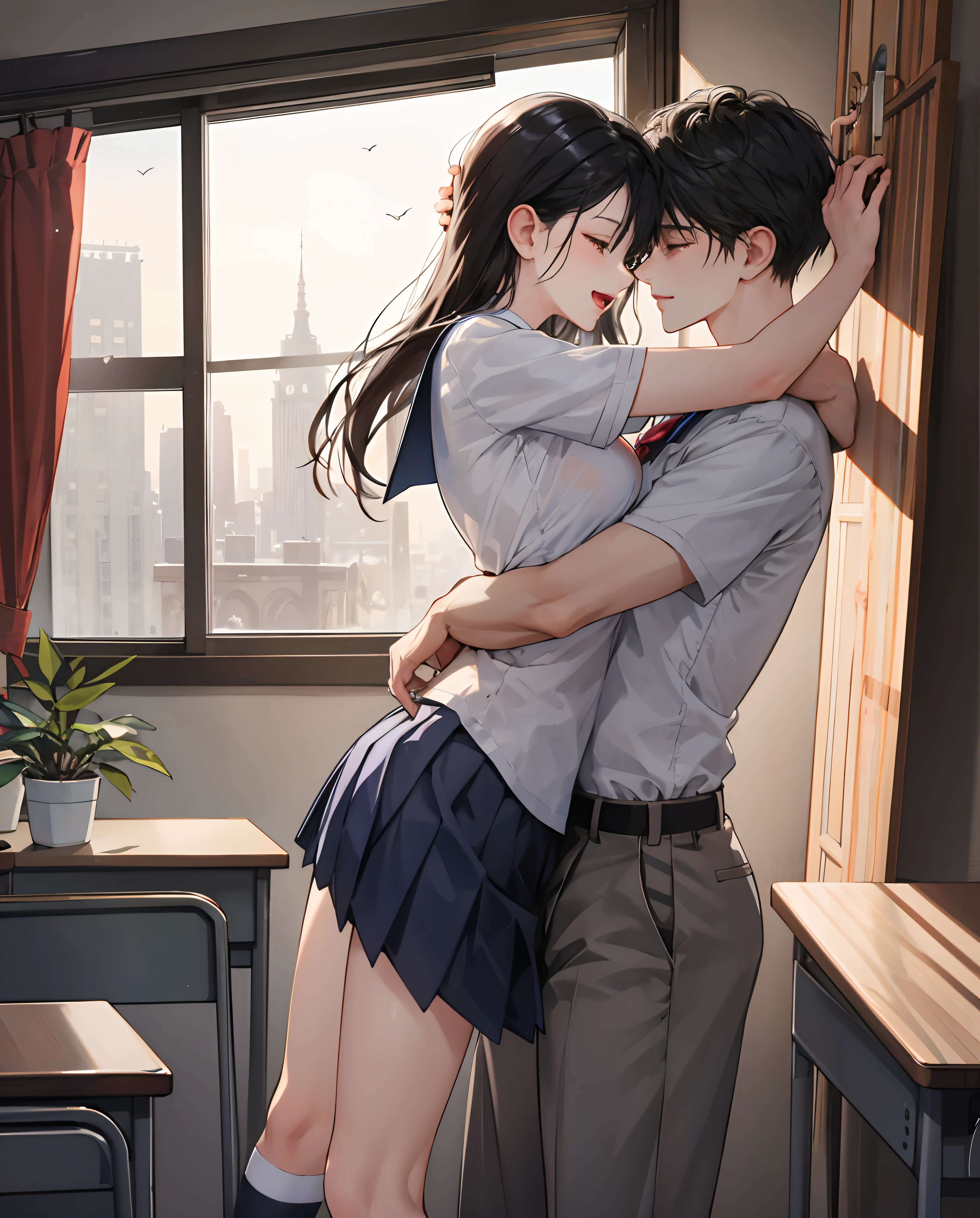 Anime couple hugging in a room with a window and city view - SeaArt AI