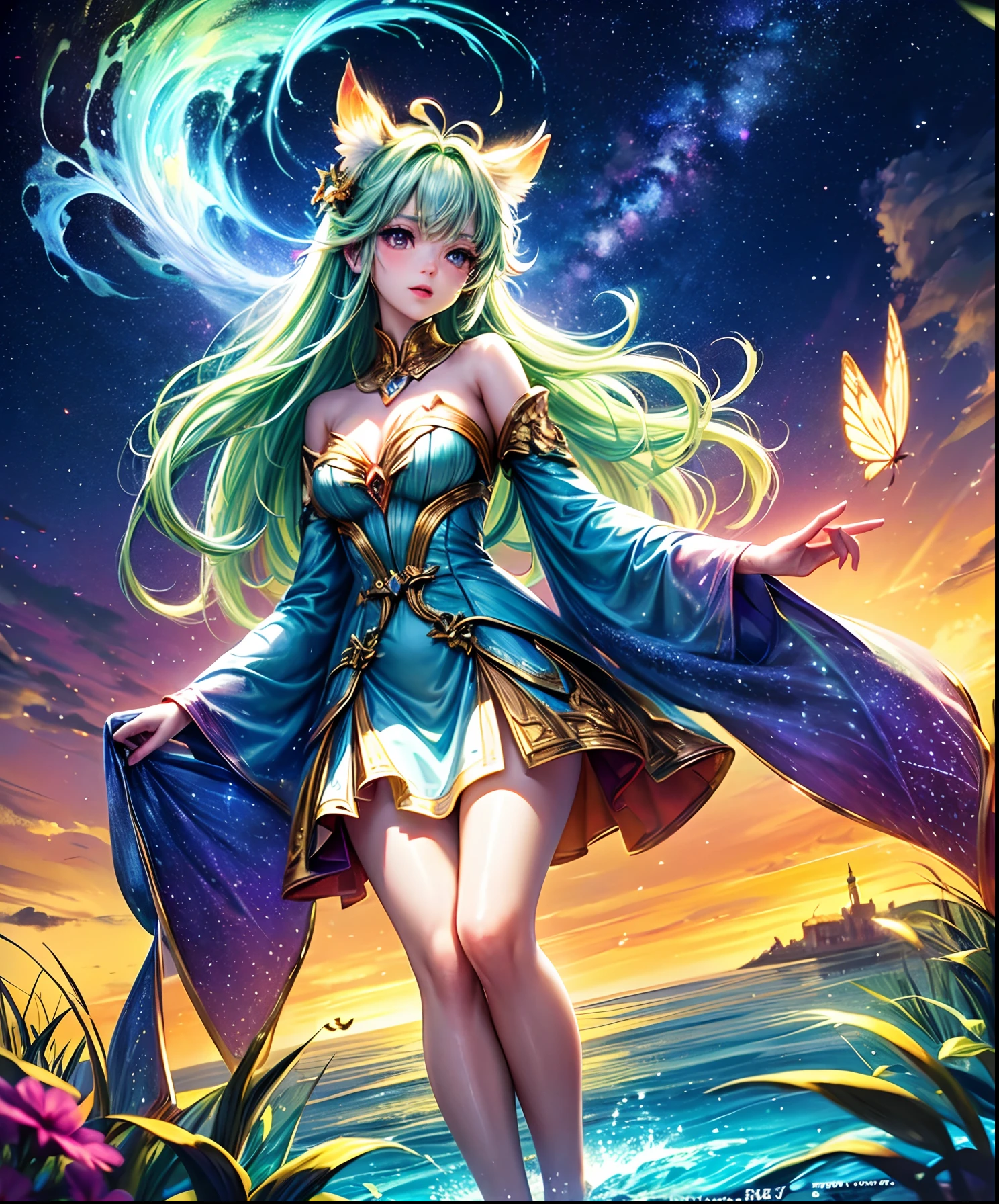 Cute girl characters、Describes a scene with grassy butterflies lying on the water flying around, Looking up at the starry sky. Surround her with colorful nebulae and her favorite constellations.