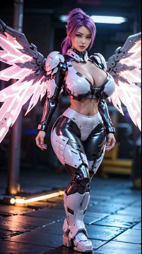 HUGE FAKE BOOBS, FRONT BANGS PONYTAIL, (BEAUTY PURPLE, WHITE), SEXY MECHA ARMOR, (CROP TOP), (SKINTIGHT YOGA PANTS), FUTURISTIC MECHA SUIT, (CLEAVAGE), ((THE BIGGEST MECHANICAL WINGS)), (LATEX BOOT), (TALL LEGS), (LOOKING AT VIEWER), (STANDING), SEXY BODY,...