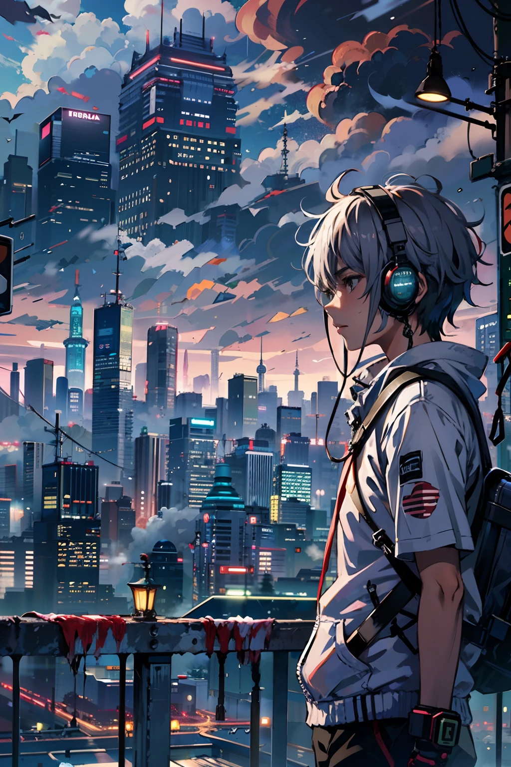 1boy,(15 years old boy:1.5)、Anime-style protagonist、Cyberpunk Boy、silber hair、Spiky hairstyle、machine gun、Japan sword on the back、Whole body bloody、Shot from the knee up、Looking at the camera、The beginning of the adventure、Lots of clouds,heavy fog、Big Moon、Lightning、Chaotic city of the future、dystopian、A group of very tall skyscrapers stands in the center、Very complex cityscape,Crowded Chinese skyscrapers、Tall radio tower、Trees、street signs、streetlights、taxis、buses、Train、Warm lighting,Dark road、puddles、Chaotic、Beautiful and fantastic scenery、Cinematic scenery、hightquality、masutepiece,in 8K、hight resolution、