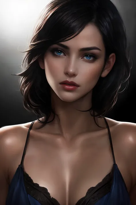 Photorealistic Ada Wong, detailed short messy black hair, mid shot ...