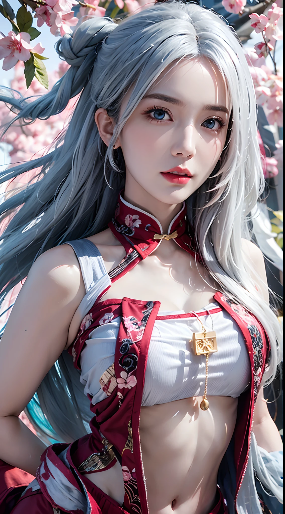 photorealistic, high resolution, soft lights, 1women, solo, hips up, blue eyes, white hair, long hair, blue eyes, red lips, jewelry, kungfu clothes, tattoo, cherry blossom