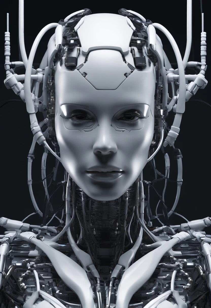 Cyborg Woman, (((Half Female Face, Half Robot Skull))), (((Flesh-colored skin))), Electronic Systems On-Head Humanoids, Detailed Brain in Sight, Detailed connection wire, mechanical limbs, tubes connected to the mechanical parts, mechanical vertebrae attached to the spine, mechanical cervical attachment to the neck, wires and cables connecting to the head, (((Led on a surgical Bed))), (((Cables Connecting to Monitors))), (((machine installing parts to the head))) | Biopunk | Cybernetics | Cyberpunk | | Canon M50| 100mm| Sharp Focus | Hyperrealism | Very detailed| Intricate Details | Full Body View, small glowing LED lamps, Bright Red Neon Highlights, global lighting, deep shadows, Octane Rendering, 8K, Ultra Sharp, Metal, Intricate Ornament Details, baroque details, Very intricate details, realistic light, CGSoation trend, facing the camera, neon details, (android manufactory in background)