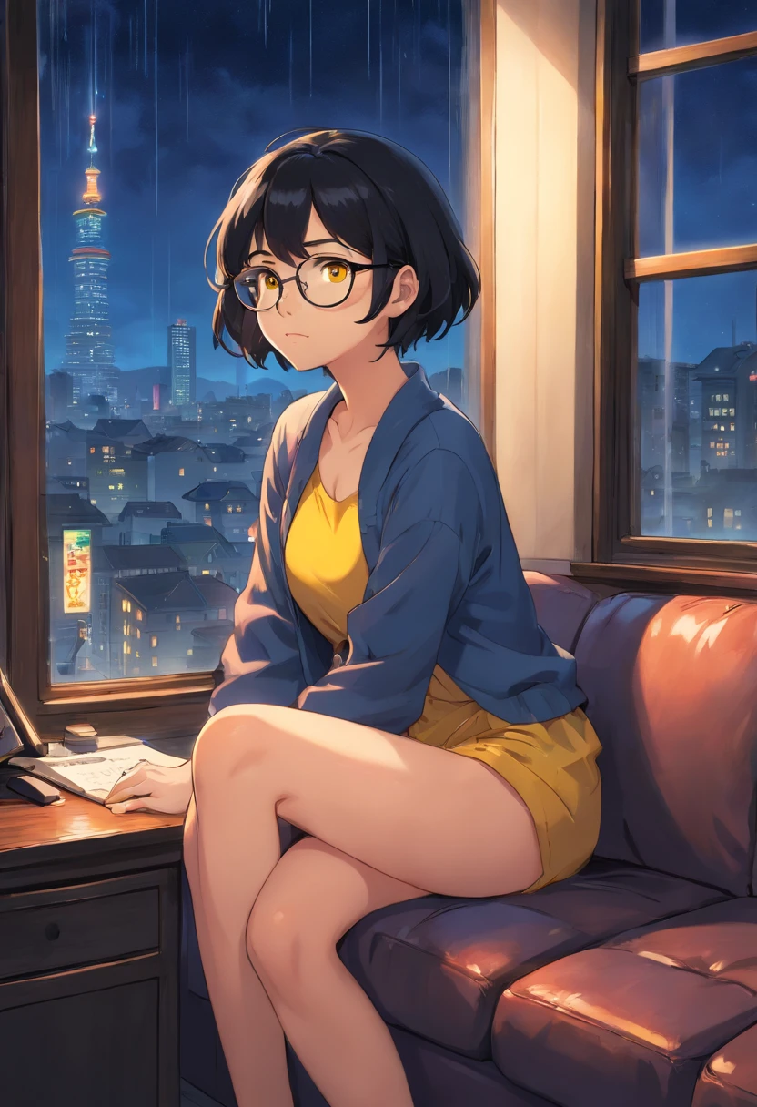 Anime girl sitting on a couch looking out a window at the city - SeaArt AI