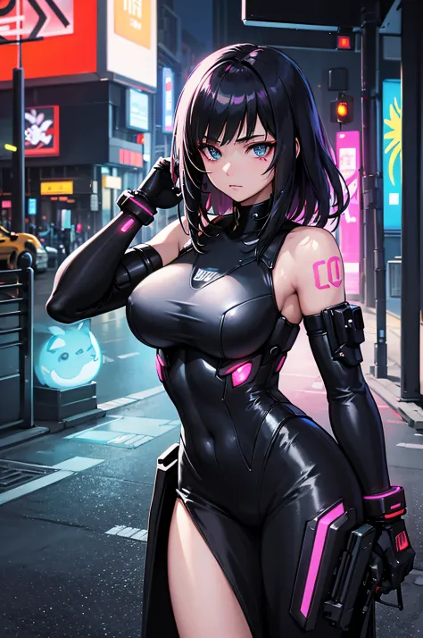 "Types of images: Super high quality and realistic cyberpunk art Subject: Stunning and attractive woman adorned in cutting-edge cyberpunk fashion. Her beauty is natural.、Enhanced with sparkling cybernetic tattoos. Her eyes, Shimmering with LED lighting acc...