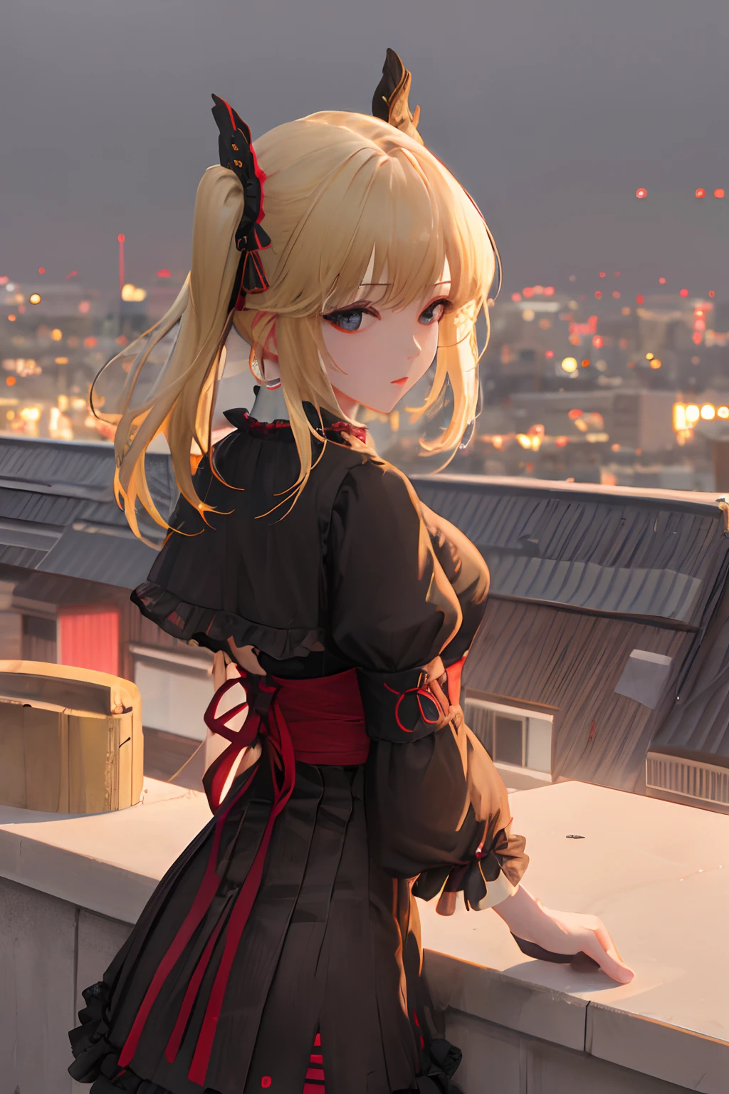 G-Wise Style, 1womanl,20yr old、 Solo,On the roof of a building、 Assassin Wind、Gothic Lolita Fashion,Twin-tailed、 full body Esbian, (long_Focus:1.2),Cityscape, nigh sky, Blurry background, depth of fields, Bokeh, Cinema Lighting, Dark theme, Sateen, Film grain, nffsw、(8K、Raw photography、top-quality、​masterpiece:1.2)、(realisitic、photoRealstic:1.3)、nffsw、Depth of field is deep、Wide light、highcontrast、(light glow:1.4)、chromatic abberation、foco nítido、RAW color photo、Film Still、lighting like a movie、8K resolution、