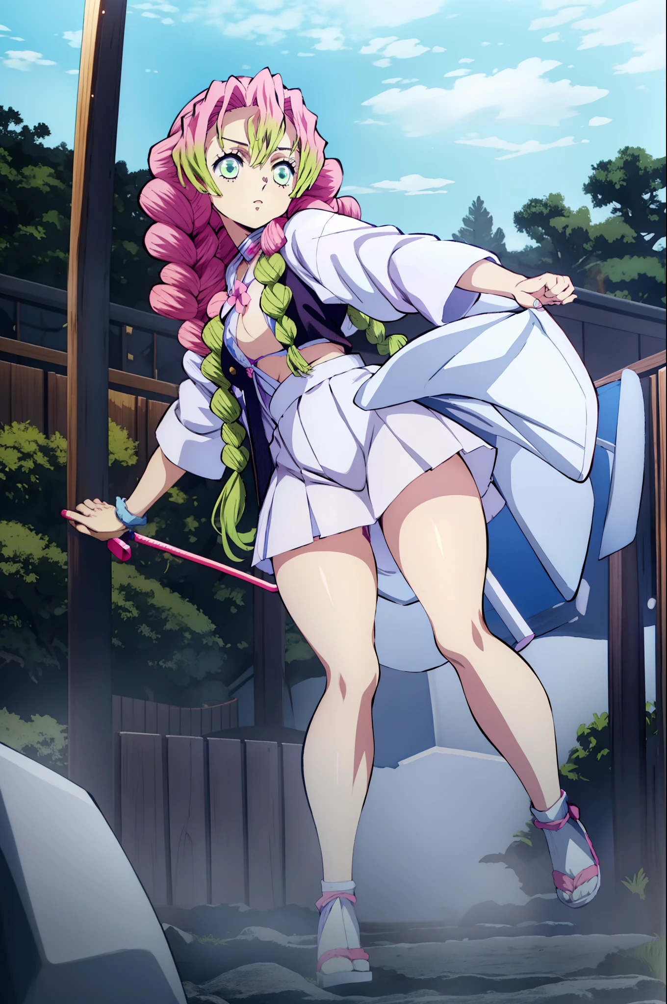 Anime girl with pink hair and green eyes holding a sword - SeaArt AI