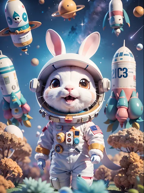 Space poster design，Chinese cartoon Chang'e No. 5，Cartoon bunny astronaut with space shuttle and rocket in the sky, cute 3 d render, edgBunny_Character, Astronaut, rabbit robot,