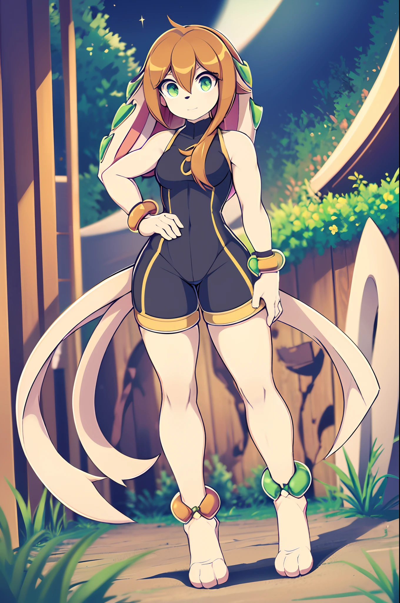 milla basset, masterpiece, best quality, 1girl, solo, long hair, looking at viewer, bangs, brown hair, shirt, animal ears, hair between eyes, bare shoulders, jewelry, breasts, green eyes, standing, tail, thighs, outside, shorts, sleeveless, shiny, bracelet, standing, full body