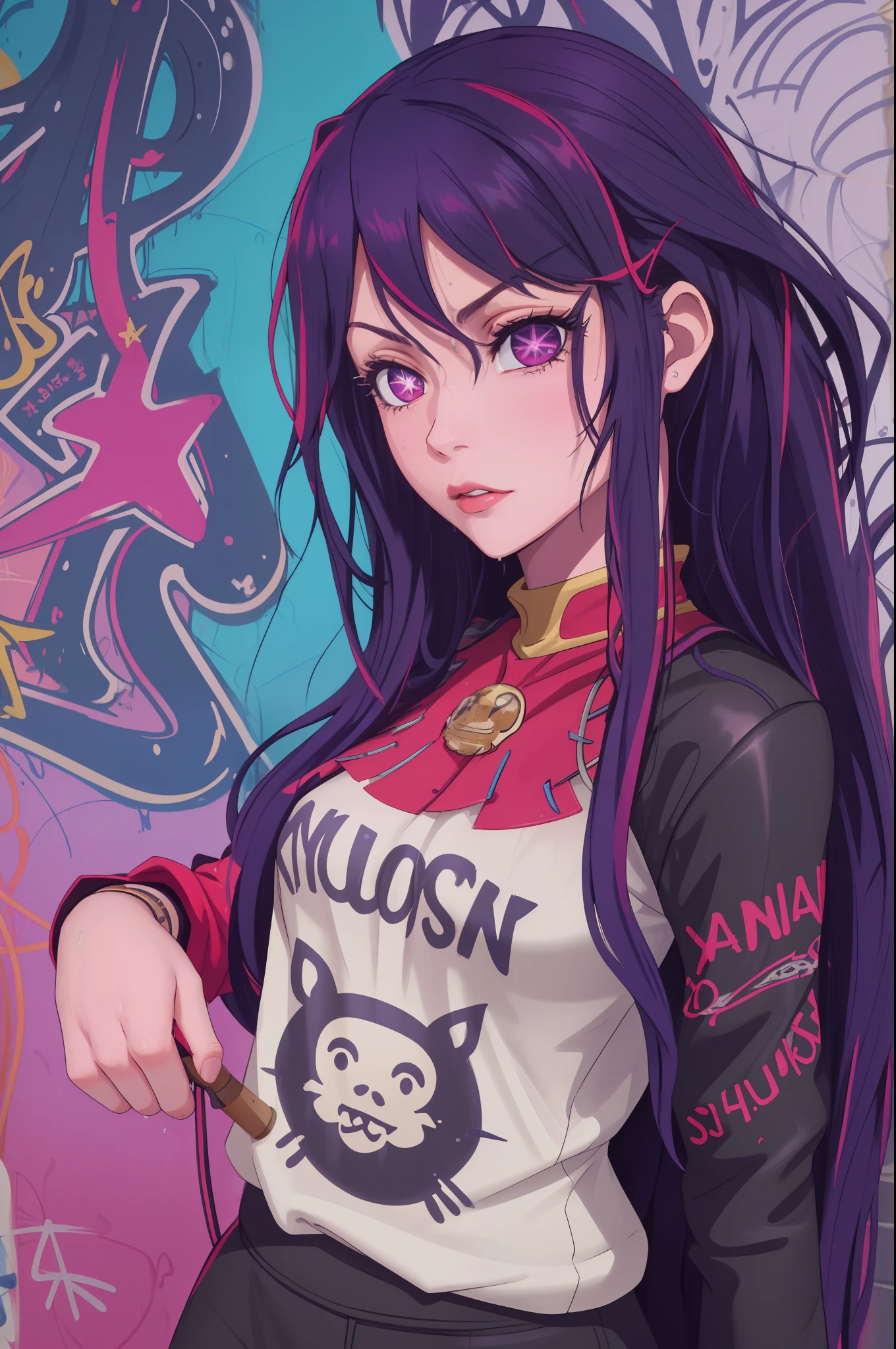 (hip hop scene) a very hip hop confidant badass arrogant cocky boss bitch attitude  ai, long hair, purple hair, streaked hair ,purple eyes, star-shaped pupils, hair ornamen  selfie pose on graffiti wall  incrsdealwithit
at a dripp wet water drenched graffiti wall