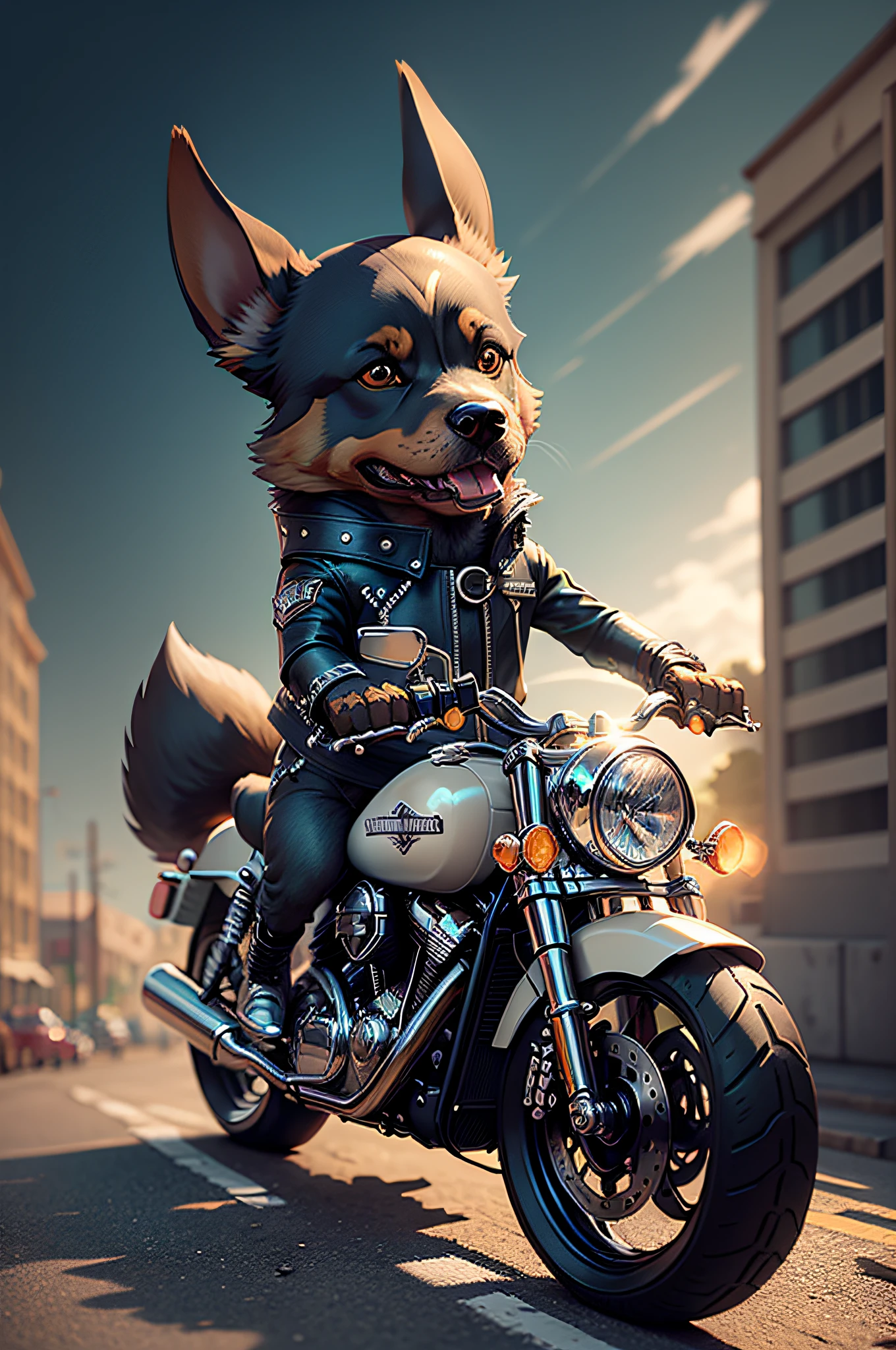 クソ,革のジーンズでハーレーダビッドソンに乗る漫画のドーベルマン犬（ドーベルマン犬の外見の特徴、サングラス）