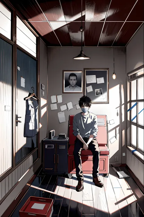 (a boy with coronavirus in the room),illustration,oil painting,distressed room,medical equipment,gloomy atmosphere,dark shadows,emphasized red hues,overhead lighting,(best quality,highres),realistic,detailed features,disheveled hair,distressed clothing,pal...