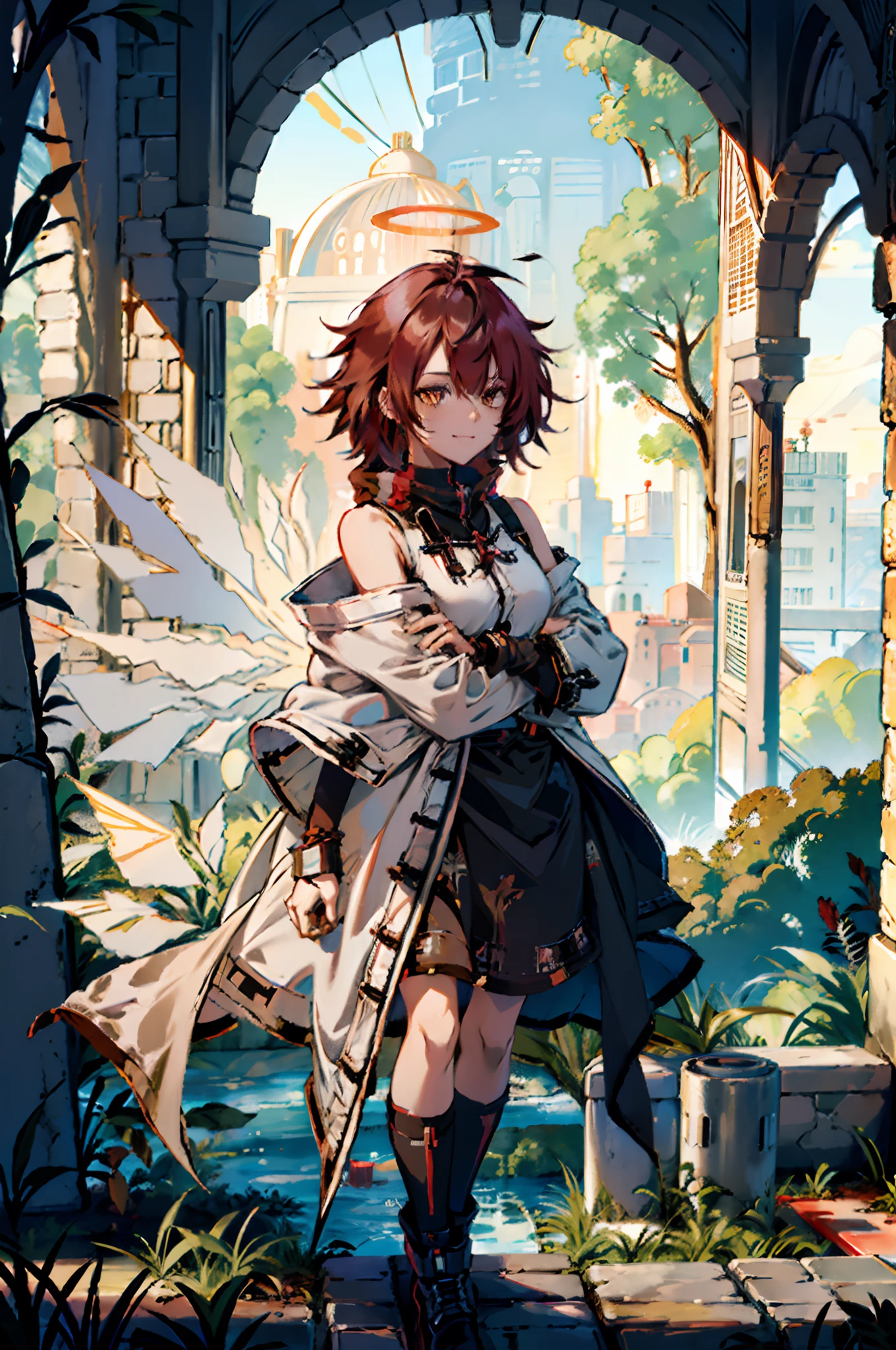 Pure sky，mechanical leg，Black mechanical legs，Plump legs，Red gem setting，Anime girl standing gracefully on the ground，Black cape and red hair, rogue anime girl, Anime girl standing, Wearing a cloak on the blasted plain, asuka suit under clothes!, angel girl, badass posture, mechanic punk outfit, anime styled 3d, render of a cute 3d anime girl, gapmoe yandere grimdark, Female character，musculature，Abs，glowing bright yellow eyes，Black hair with red gradient，short detailed hair，Bunched hair，Dull hair，（Muscle 2.0），Tomboyish，Be red in the face，looking at viewert，Elaborate Eyes，Black mechanical legs，huge tit，1.5，Put your hands in your pockets，ssmile，blacksilk，Straight big breasts，strappy，Black cutout miniskirt，White bandeau，Toothless smile，Lower breast，Mechanical wind，There are no cities，Side breasts，Excitation，Top crotch，Sexy lower abdomen，extremely large bosom，the wind blowing up the skirt，High-fork panties，looking at viewert，nabel，chest-hugging，The halo，dynamicposes，Tall anime girl，cropped shoulders