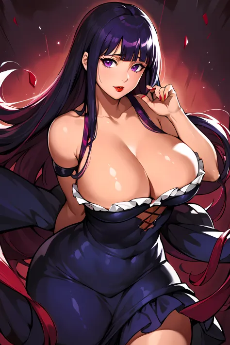 (absurderes, A high resolution, Ultra detailed), Masterpiece, Hinata(Boruto), ((Solo)), 1girll,Medium breasts, long purple victorian style dress, Closed mouth, (((Long hair))),standing, the bodice and the skirt pattern, frill skirt, Lace, blink blink effec...
