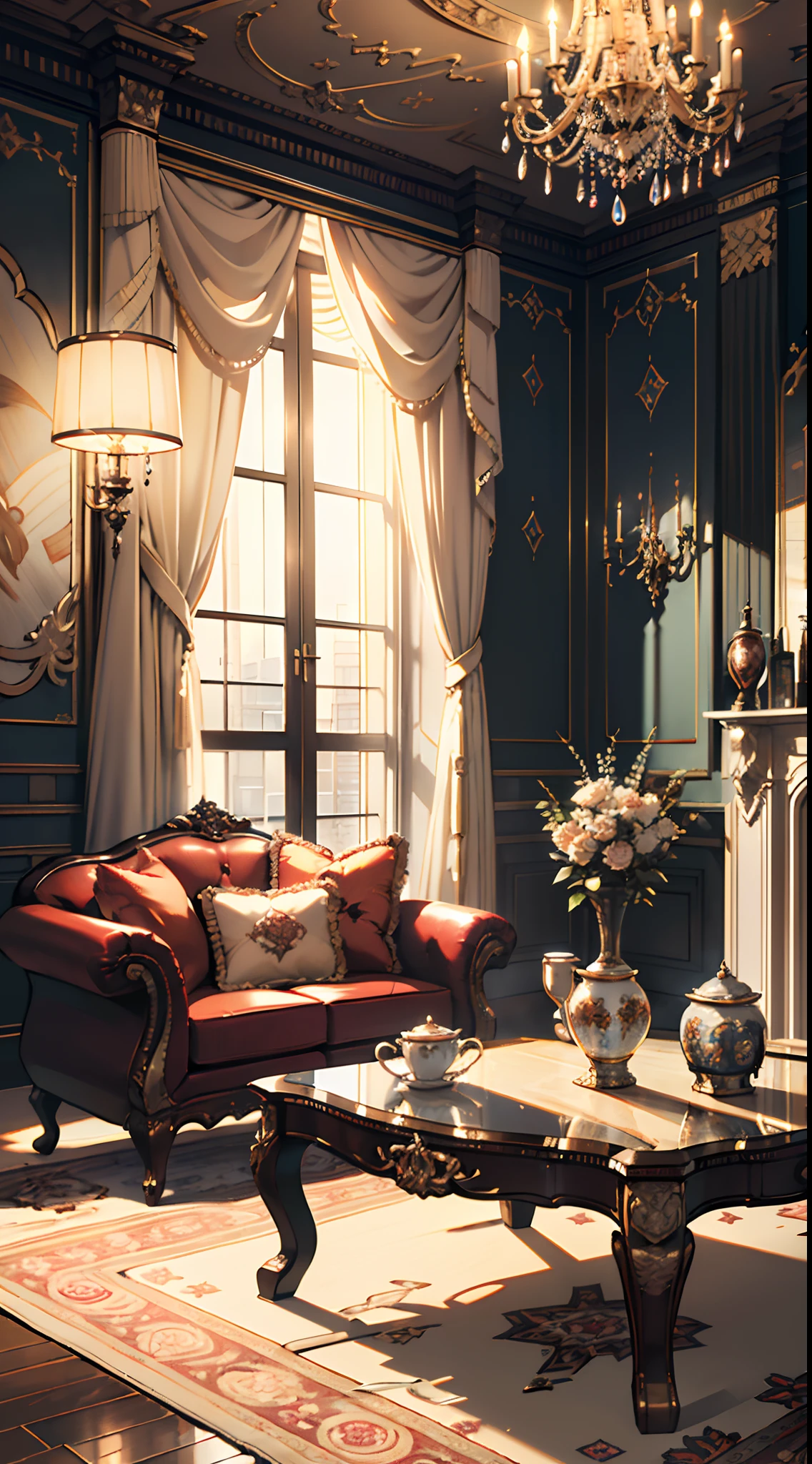 (tmasterpiece, high resolution, ultra - detailed:1.0), (sofe, tea table, Living room,Curtains, hanging lamp, decorations, carpets, fireplace,white,Versailles), color difference, Depth of field, dramatic shadow, Ray tracing, Best quality, Cinematic lighting, offcial art