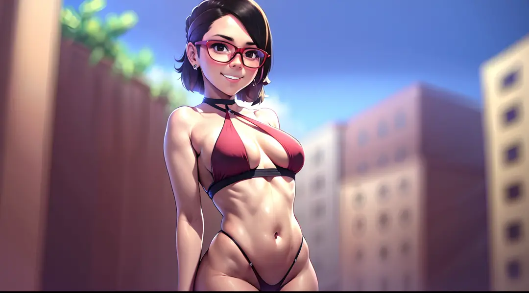 Uchiha Sarada,1girl, solo,black eyes, black hair, red framed glasses, short hair, solo, earrings, smile, shy, masterpiece, sling_bikini_top best quality, looking at viewer, thigh strap. Best quality, masterpiece