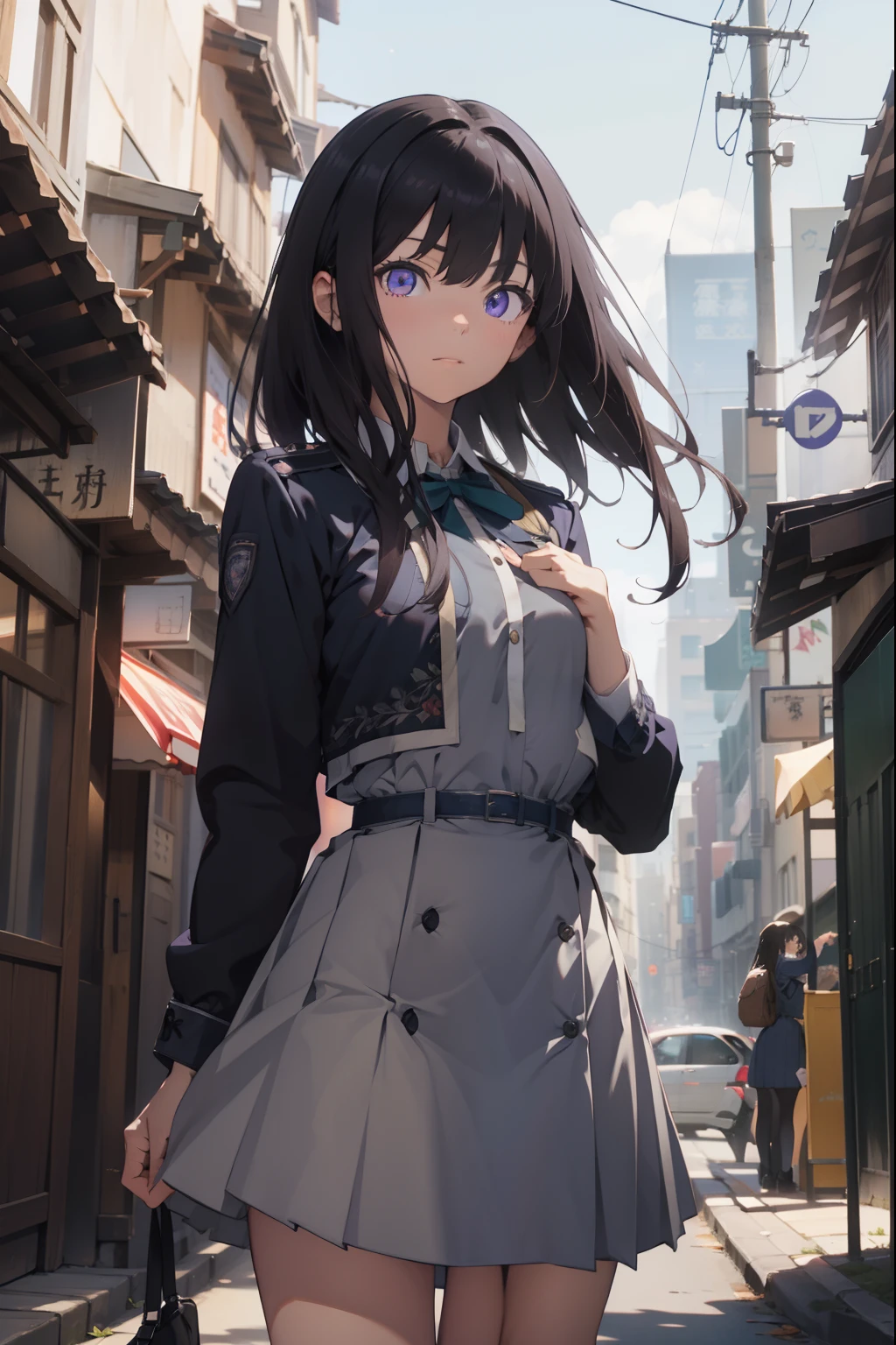 takinainoue, inoue takina, long hair, bangs, black hair, (purple eyes:1.2), BREAK shirt, long sleeves, dress, ribbon, school uniform, white shirt, collared shirt, belt, neck ribbon, blue dress, green ribbon, pleated dress, grey dress, two-tone dress, blue belt, lycoris uniform, BREAK outdoors, city, BREAK (masterpiece:1.2), best quality, high resolution, unity 8k wallpaper, (illustration:0.8), (beautiful detailed eyes:1.6), extremely detailed face, perfect lighting, extremely detailed CG, (perfect hands, perfect anatomy),