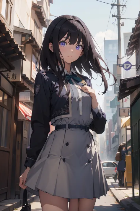 takinainoue, inoue takina, long hair, bangs, black hair, (purple eyes:1.2), BREAK shirt, long sleeves, dress, ribbon, school uni...