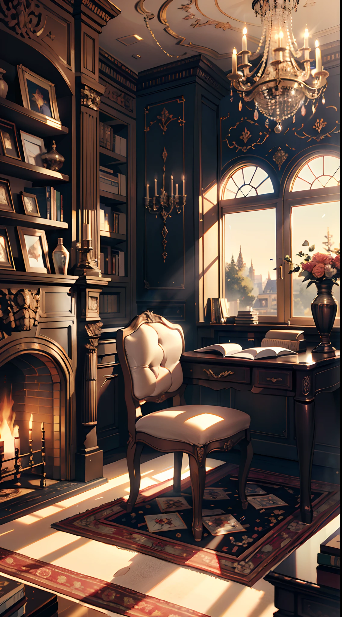 (tmasterpiece, high resolution, ultra - detailed:1.0), (study, desk,Bookshelves,French window, decorations, carpets, fireplace), color difference, Depth of field, dramatic shadow, Ray tracing, Best quality, Cinematic lighting, offcial art