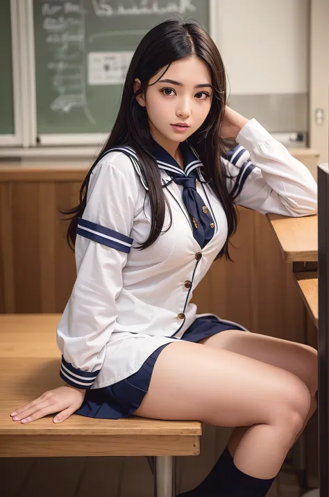 Arab-asian woman in sailor's uniform sitting at table, wearing japanese school uniform, of a schoolgirl posing, japanese girl sc...