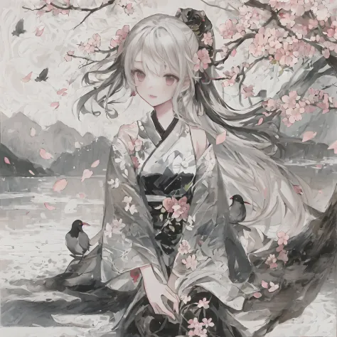 top-quality, Ink painting style, Fresh and elegant, Clear lake, orthofacial，Cute and shy，Cherry blossoms fall when the sun goes ...