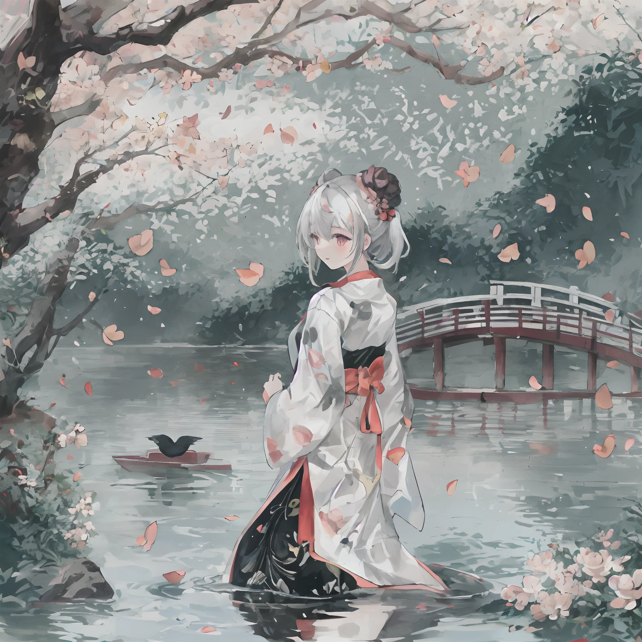 top-quality, Ink painting style, Fresh and elegant, Clear lake, orthofacial，Cute and shy，Cherry blossoms fall when the sun goes down，white color hair, Girl in black cheongsam with golden pattern, Ride the wind of flowers and blow your head away, Forest dotted with green leaves, Birds sing happily, Poetic scene