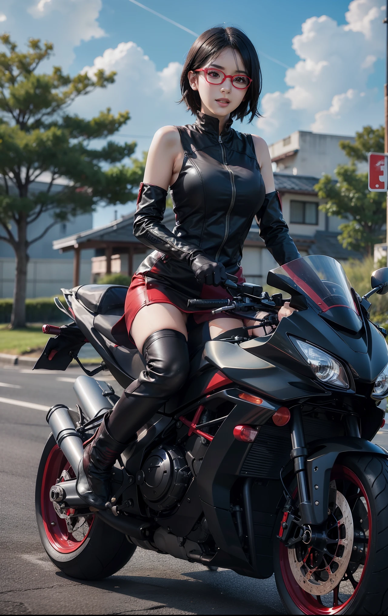 Woman in leather outfit sitting on a motorcycle on a street - SeaArt AI