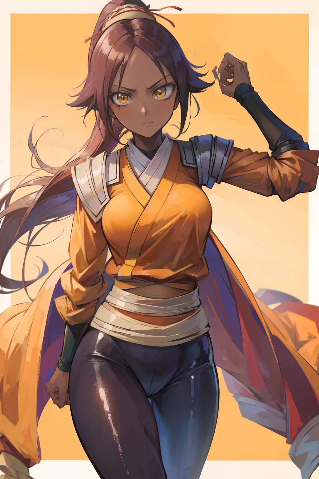 A woman in a yellow top and blue pants holding a sword - SeaArt AI