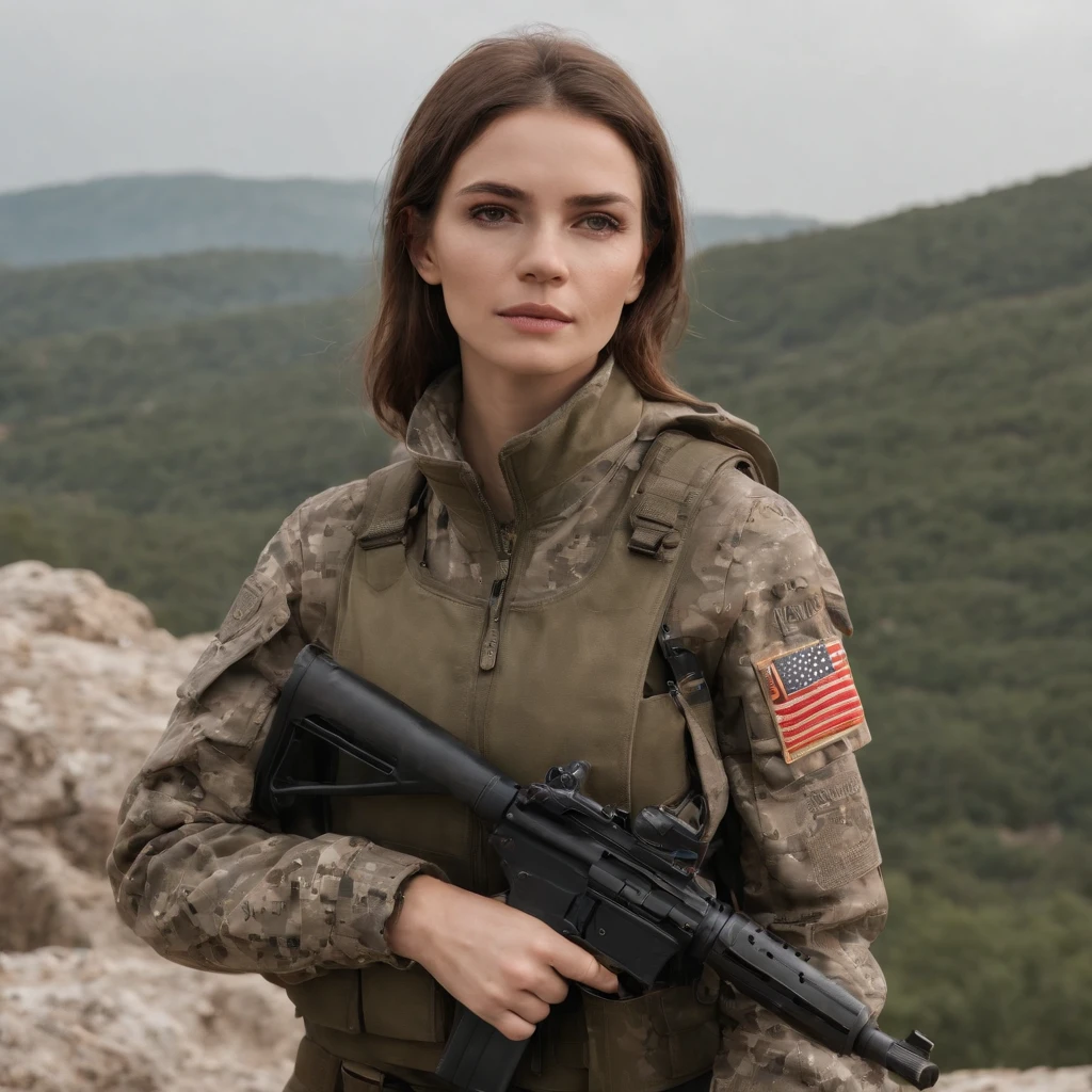 arafed woman in camouflage holding a gun on a rocky hill, a portrait by Emma Andijewska, tumblr, dada, aleksandra waliszewska, photograph of a techwear woman, karolina cummings, 🤬 🤮 💕 🎀, full body view, angelina stroganova, military girl, with pistol, cute girl wearing tank suit