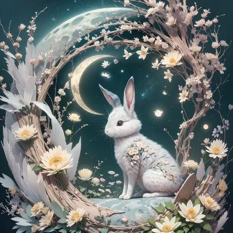 In this ultra-detailed CG art，a moon，during night，starrysky，adorable rabbit,(Paper Cuttings style:fresh flowers.Fujiman)，Best qu...