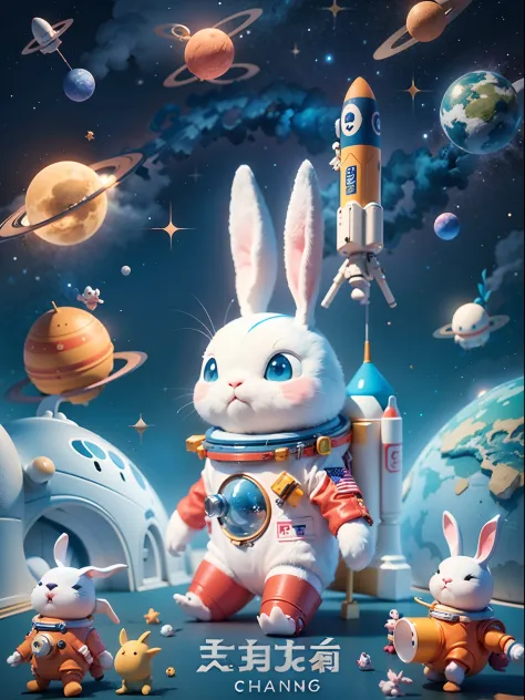 Space poster design，ChineseCartoon《Chang'e》，In space，Cartoon bunny astronaut with space rocket in the sky,rockets：1.1。 cute 3 d render, Astronaut, rabbit robot,