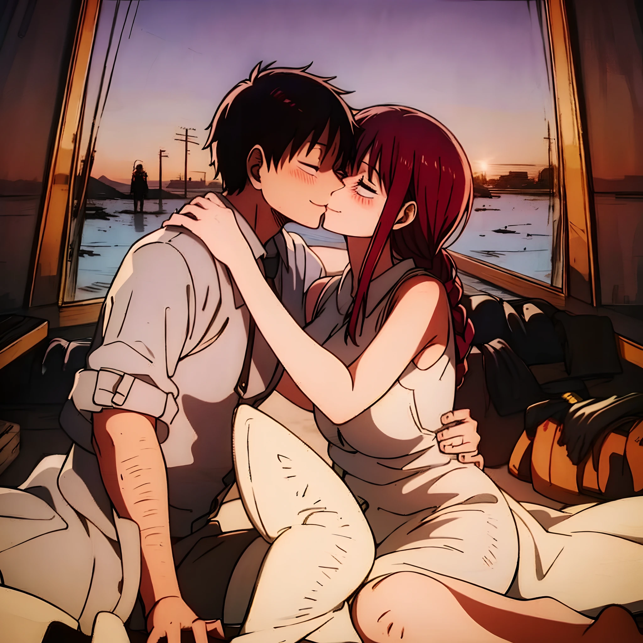 Anime couple kissing on a boat at sunset with a view of the water - SeaArt  AI