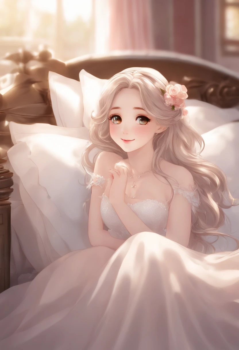 Anime girl in white dress sitting on bed with white sheets - SeaArt AI