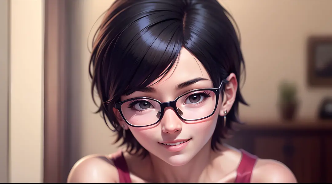 Uchiha Sarada,1girl, solo black eyes, black hair, red framed glasses, short hair, solo, earrings, smile, shy, masterpiece, best quality, looking at viewer, thigh strap. Best quality, masterpiece, vintagenudeslora