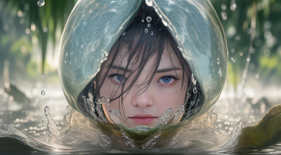 Ampoule géante 8K Ultra HD,auteur：alessio albi, Profondeur de champ pour les particules de gouttes d&#39;eau,détaillé rest periods for young girls，Son visage est centré dans le cadre, La beauté de son visage était masquée par un gros tas de gouttelettes d&#39;eau de différentes tailles autour d&#39;elle.。, Comme si elle allait s&#39;y noyer, Entre contrastes, jeunesse,chaos,Des ampoules autour, composition qui fait réfléchir,(détaillé environment,environnement complexe_occlusion, détaillé)Des gouttelettes d&#39;eau géantes