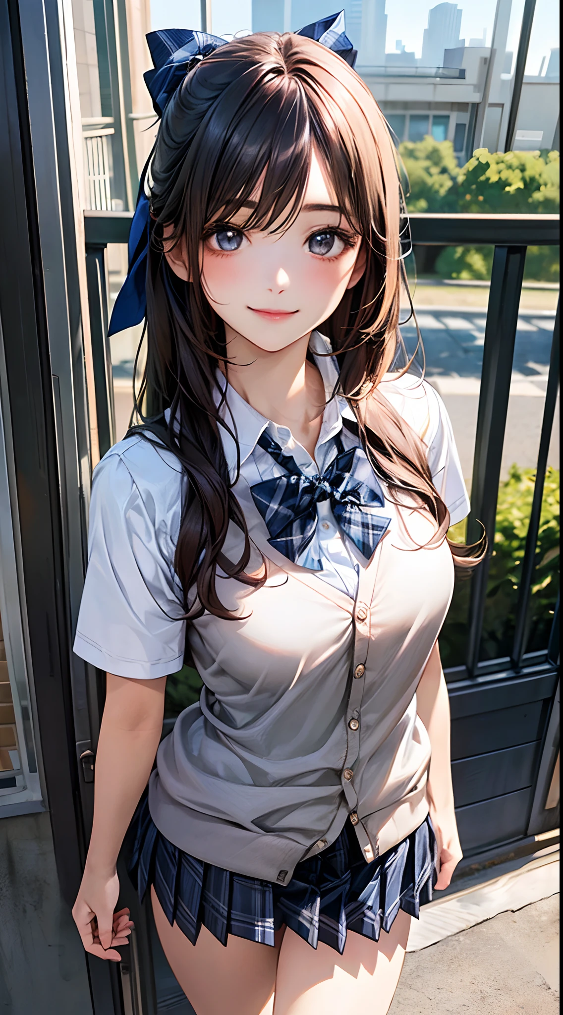 (masterpiece:1.2, top-quality), (realistic, photorealistic:1.4), beautiful illustration, 
looking at viewer, full body, front view:0.6, 
1 girl, japanese, high school girl, (long hair:1.5), blown hair, bangs, hair between eye, large breasts:0.8, 
beautiful hair, beautiful face, beautiful detailed eyes, beautiful clavicle, beautiful body, beautiful chest, beautiful thigh, beautiful legs, beautiful fingers, 
(beautiful scenery), , school,
((collared shirt, white shirt, , cardigan, grey plaid pleated skirt, blue plaid bow tie)), white panties, 
standing, walking, 
smile, ,