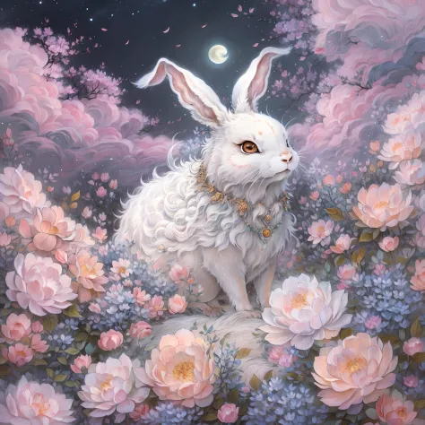 yamazawa， themoon， clouds， skysky， smart rabbit，painting of a（curly）， natta， jewely， traditional media， fresh flowers， high high...